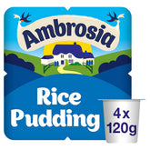 Ambrosia Rice Pudding (4 x 120g) packaging features a cottage illustration, two birds, and product details.